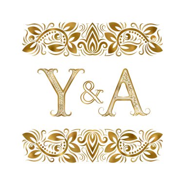 Y ve bir baş harfleri vintage logo. Dekoratif-süsleme elementler tarafından çevrili harfler. Düğün ya da iş ortakları monogram kraliyet tarzı.