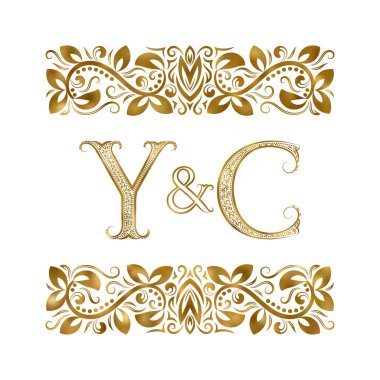 Y ve C harfleri vintage logo. Dekoratif-süsleme elementler tarafından çevrili harfler. Düğün ya da iş ortakları monogram kraliyet tarzı.