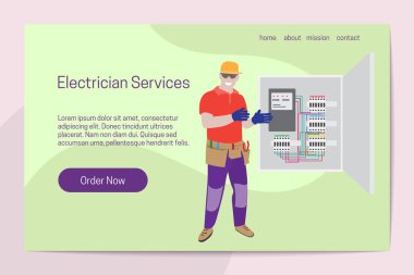 Ev geliştirme elektrikçi hizmetleri kavramı. Adam profesyonel elektrikçi elektrik paneli ile çalışır. Açılış sayfası şablonu.