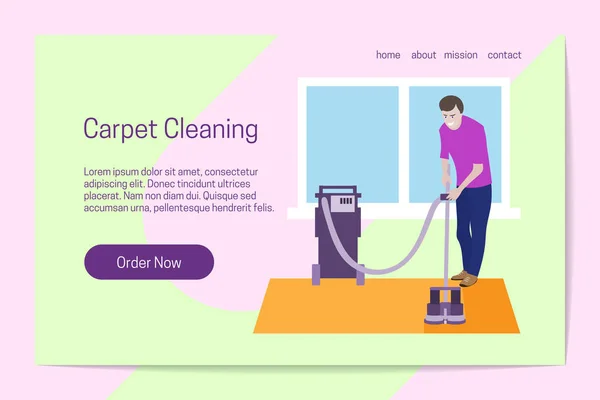 Home Improvement Carpet Cleaning Concept Man Cleans Carpet Professional Equipment — Stock Vector