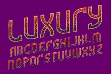 Lüks desenli alfabe. Kırmızı mavi harflerle vintage yazı tipi ile altın süs. İzole İngilizce alfabe.