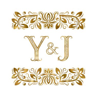 Y ve J harfleri vintage logo. Dekoratif-süsleme elementler tarafından çevrili harfler. Düğün ya da iş ortakları monogram kraliyet tarzı.