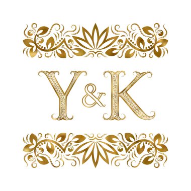 Y ve K harfleri vintage logo. Dekoratif-süsleme elementler tarafından çevrili harfler. Düğün ya da iş ortakları monogram kraliyet tarzı.