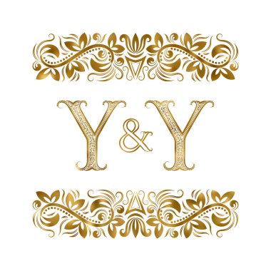 Y ve Y vintage logo adının baş harfleri. Dekoratif-süsleme elementler tarafından çevrili harfler. Düğün ya da iş ortakları monogram kraliyet tarzı.