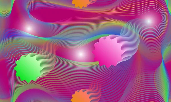 虹色カオス線および浮動空気のような図形の空間のシームレスなパターン. — ストックベクタ