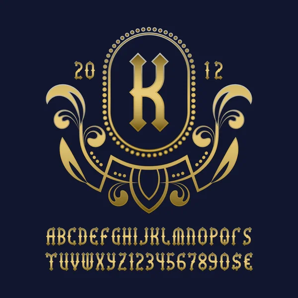 Шаблон Золотой Монограммы Красивой Рамке Венка Винтажным Алфавитом Цифрами — стоковый вектор