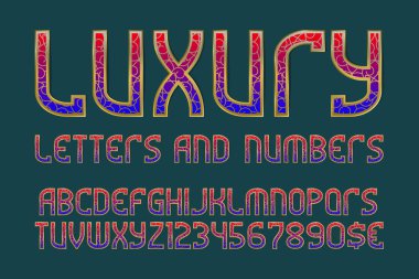 Lüks harf, sayı ve para birimi işaretleri desenli. Degrade renkli semboller vintage yazı tipi ile altın süsleme.