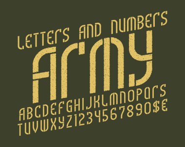 Ordu alfabesi ile sayı ve para birimi simgelerini. Oyun stilize askeri yazı tipi.