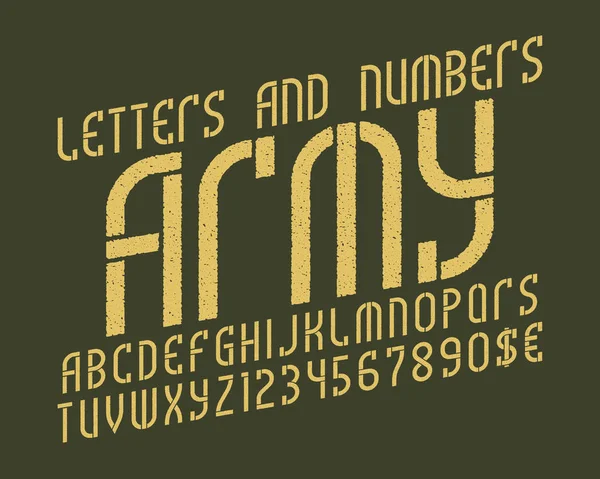 Army Alphabet Numbers Currency Symbols Gaming Stylized Military Font — Stock Vector