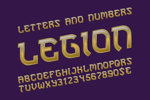 Легіон Золотий Алфавіт Цифрами Валютними Знаками Ігровий Стилізований Шрифт — стоковий вектор