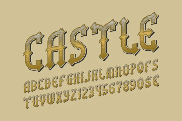 Золотой Алфавит Замка Цифрами Валютными Знаками Средневековый Шрифт — стоковый вектор