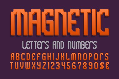 Manyetik harfleri ve sayıları para birimi işaretiyle. Turuncu 3d yazı tipi. İzole İngilizce alfabe.