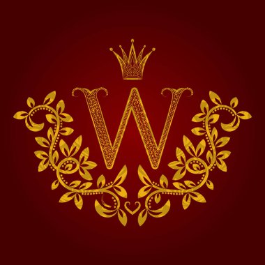 Desenli Altın harf W monogram vintage tarzı. Hanedan Arması. Barok logo şablonu.