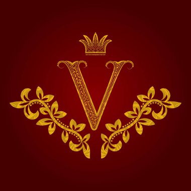 Desenli Altın harf V monogram vintage tarzı. Hanedan Arması. Barok logo şablonu.