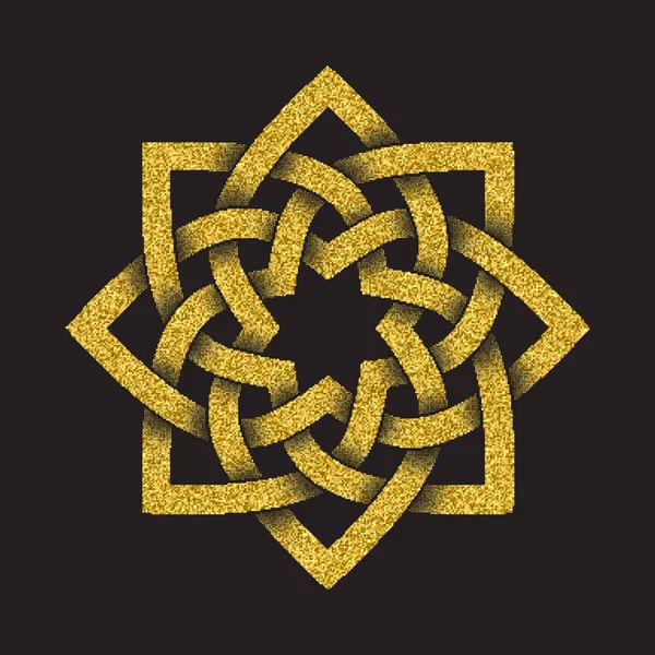 Altın ışıltılı logo sembol siyah arka plan üzerine Celtic tarzı. Kabile simgesi sekizgen yıldız formunda. Altın takı tasarımı kaşe.