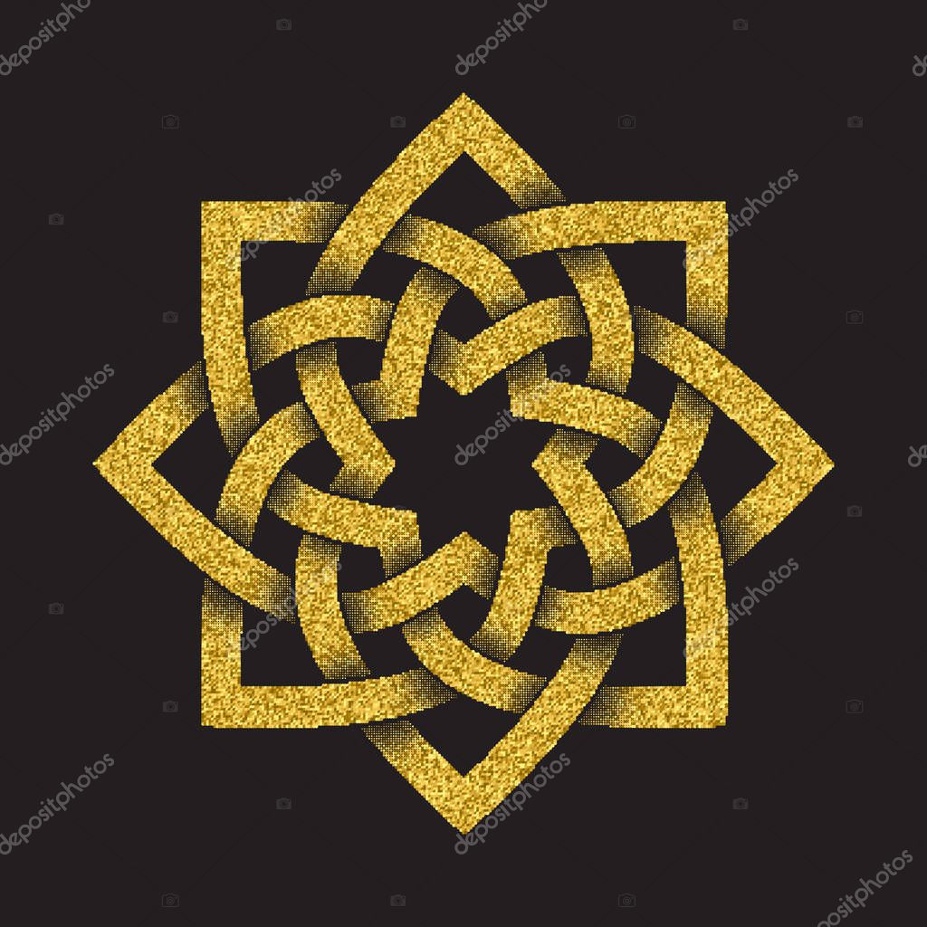 Golden glittering logo symbol in Celtic style on black background. Tribal symbol in octagonal star form. Gold stamp for jewelry design.