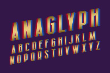 Anaglif alfabe. Altın mavi kırmızı canlı yazı. İzole İngilizce alfabe.