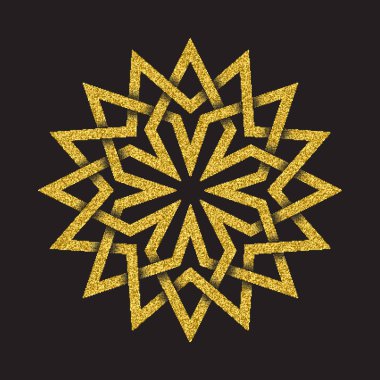 Altın ışıltılı logo sembol siyah arka plan üzerine Celtic tarzı. On altı sivri mandala formundaki kabile simgesi. Altın takı tasarımı kaşe.