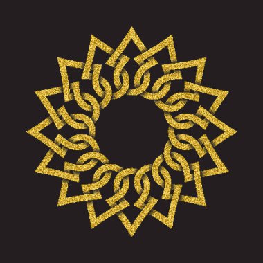 Altın ışıltılı logo sembol siyah arka plan üzerine Celtic tarzı. Kabile simgesi dairesel mandala formunda. Altın takı tasarımı kaşe.