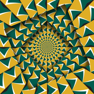 Abstract shifted frames with a moving green yellow arrows pattern. Optical illusion background. clipart