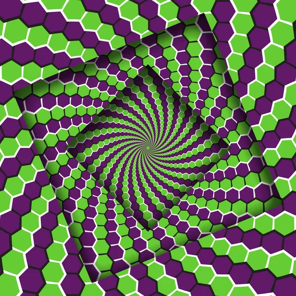 緑を移動の抽象的なシフト フレーム紫六角形スパイラル パターン 目の錯覚の背景 — ストックベクタ