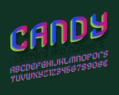 Şeker harfler numaraları, dolar ve euro işaretiyle. Canlı şenlikli yazı tipi. İzole İngilizce alfabe.