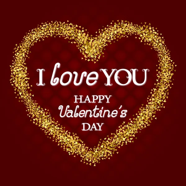 我爱你的文字和快乐的情人节祝贺与金色闪闪发光的框架在美丽的红色背景上的心形状 节日贺卡模板 — 图库矢量图片