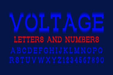 Gerilim harfler ve sayılar. Mavi elektrikli hareketli yazı tipi. İzole İngilizce alfabe.