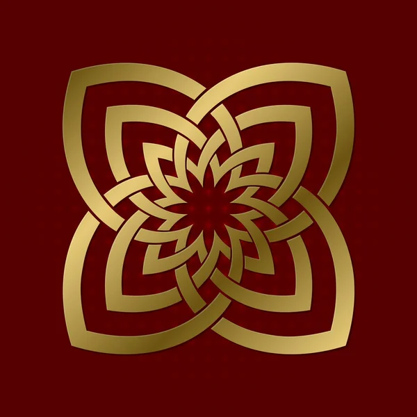 Ιερό γεωμετρικό σύμβολο της τέσσερα πλέγμα πέταλα λουλουδιών. Χρυσή μάνταλα λογότυπο. — Διανυσματικό Αρχείο