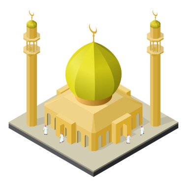 Camii minaresi ve Arap erkekler izometrik görünümü.