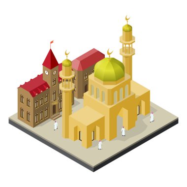 Şehir hayatı izometrik görünümünde. Camii minaresi, kentsel binalar ve Müslümanlar ile.