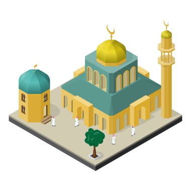 Oryantal şehir hayatı izometrik görünümünde. Camii minaresi, Müslüman, Arap bina ve ağaç.