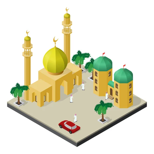 イスラム教徒の都市生活の等尺性のシーン モスク アラブ人 アラビア建築 赤い車とヤシの木 — ストックベクタ
