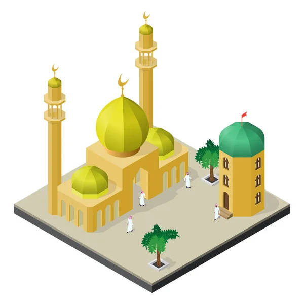 Muslimisches Stadtleben Isometrischer Sicht Moschee Arabische Männer Arabisches Haus Und — Stockvektor