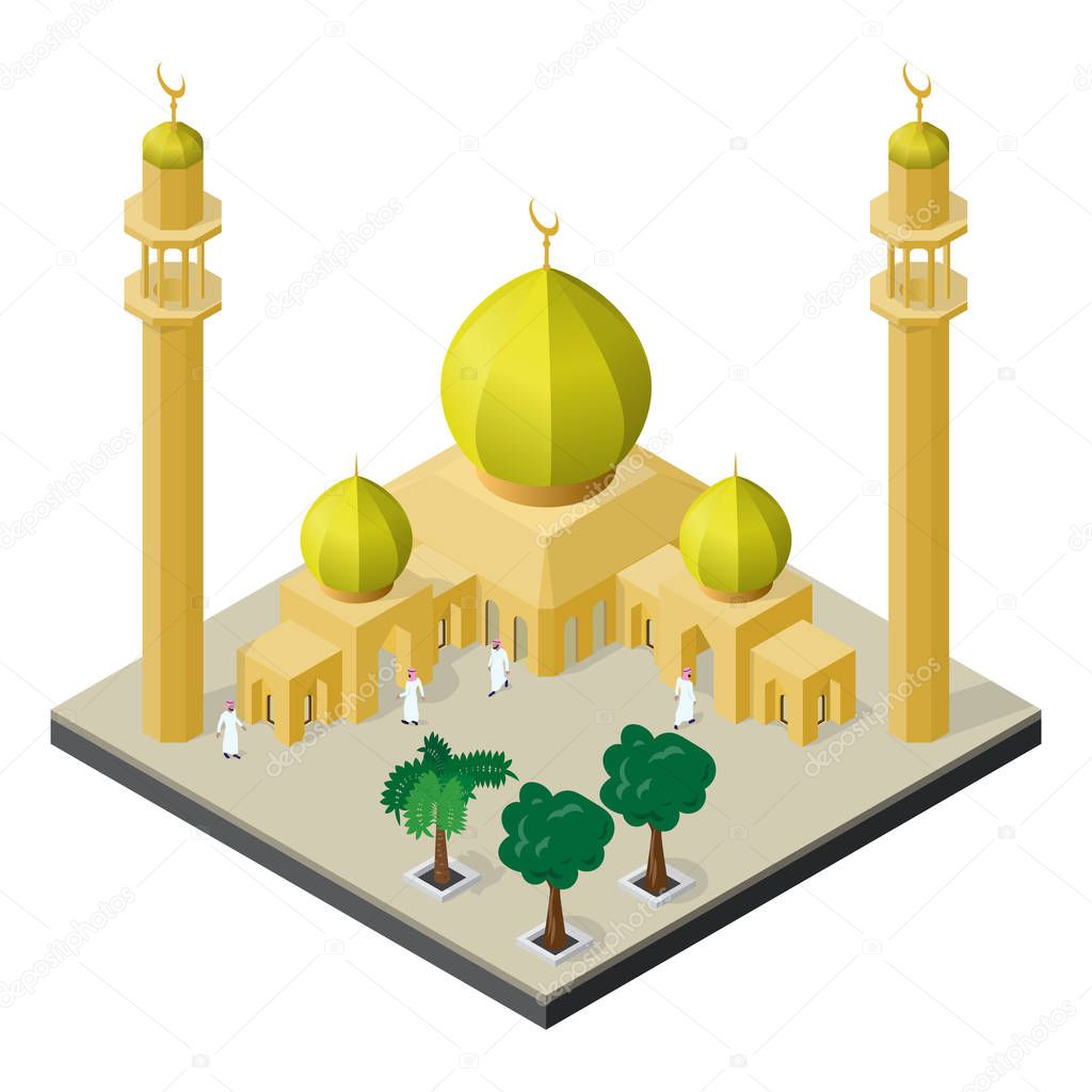 Mosque, minarets, Arab men and palm trees in isometric view.