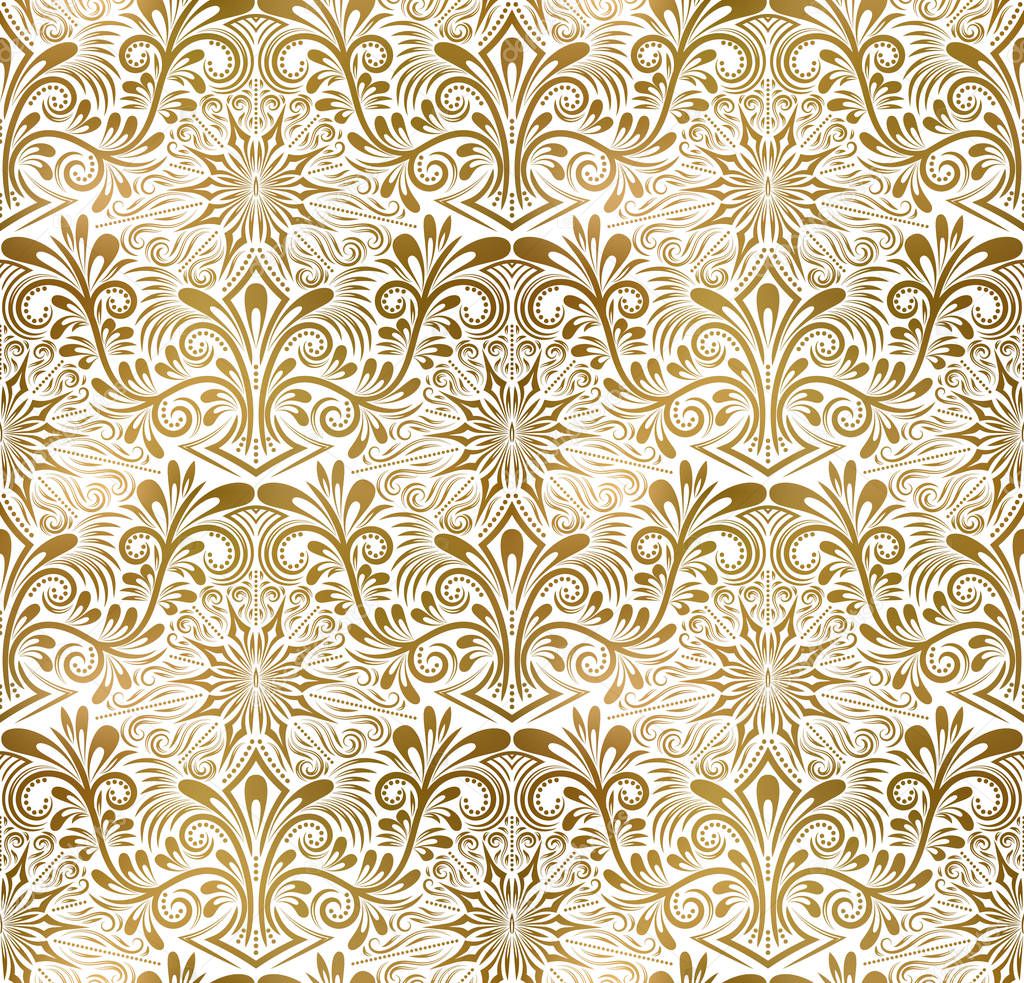 Golden white vintage seamless pattern. Gold royal classic baroque wallpaper. Arabic background ornament.