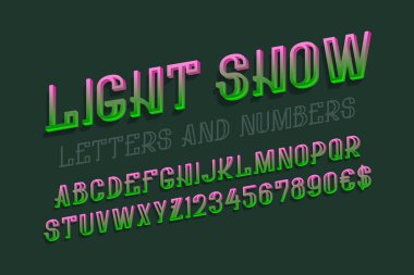 Işık gösterisi harflerle sayı ve para birimi işaretler. Kentsel 3d yazı tipi. İzole İngilizce alfabe.