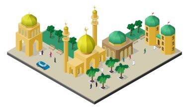 İzometrik cityscape oryantal tarzı. Camii minaresi, kentsel binalar, ağaçlar, banklar, arabalar ve insanlar.