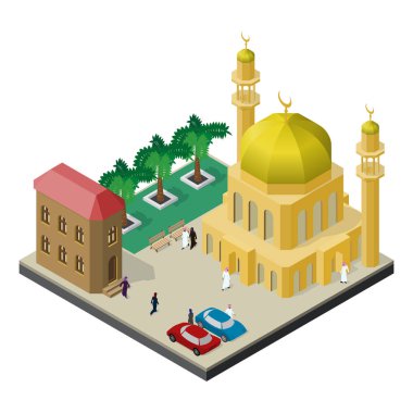 Şehir hayatı izometrik görünümünde. Camii minaresi, kentsel inşaat, ağaçlar, banklar, arabalar erkek ve kadın Müslüman giysiler ile.