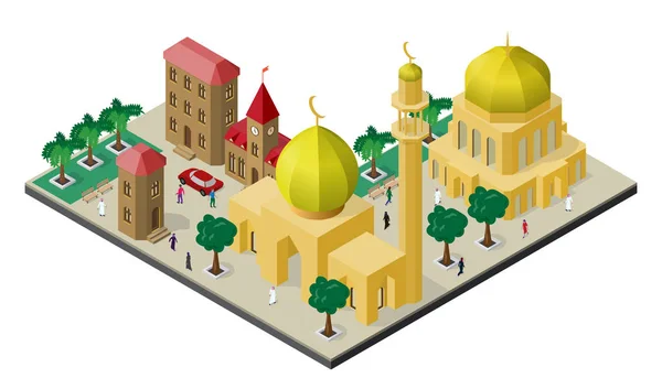Isometrisches Stadtbild Orientalischen Stil Moschee Mit Minarett Städtischen Gebäuden Bäumen — Stockvektor