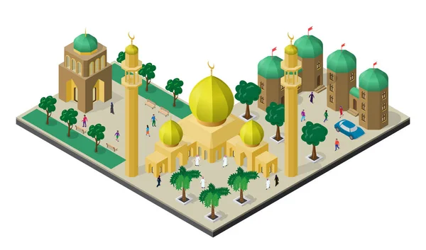 Isometrisches Stadtbild Mit Multikulturellem Stadtleben Moschee Mit Minaretten Städtischen Gebäuden — Stockvektor