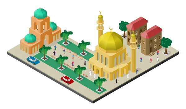 Isometrisches Stadtbild Mit Multikulturellem Stadtleben Moschee Mit Minaretten Städtischen Gebäuden — Stockvektor