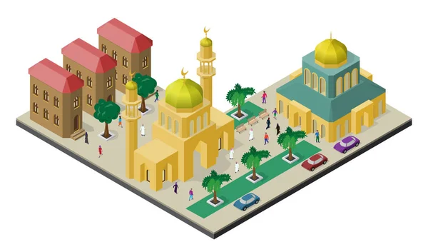 Isometrische Stadsgezicht Met Multiculturele Citylife Moskee Met Minaretten Stedelijke Gebouwen — Stockvector