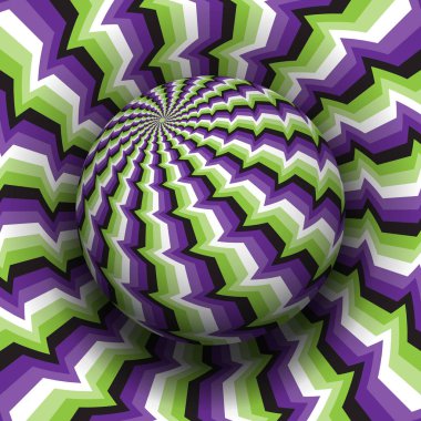 Optik illüzyon vektör çizim. Aynı yüzeyi üzerinde yükselen küre mor yeşil beyaz siyah desenli.