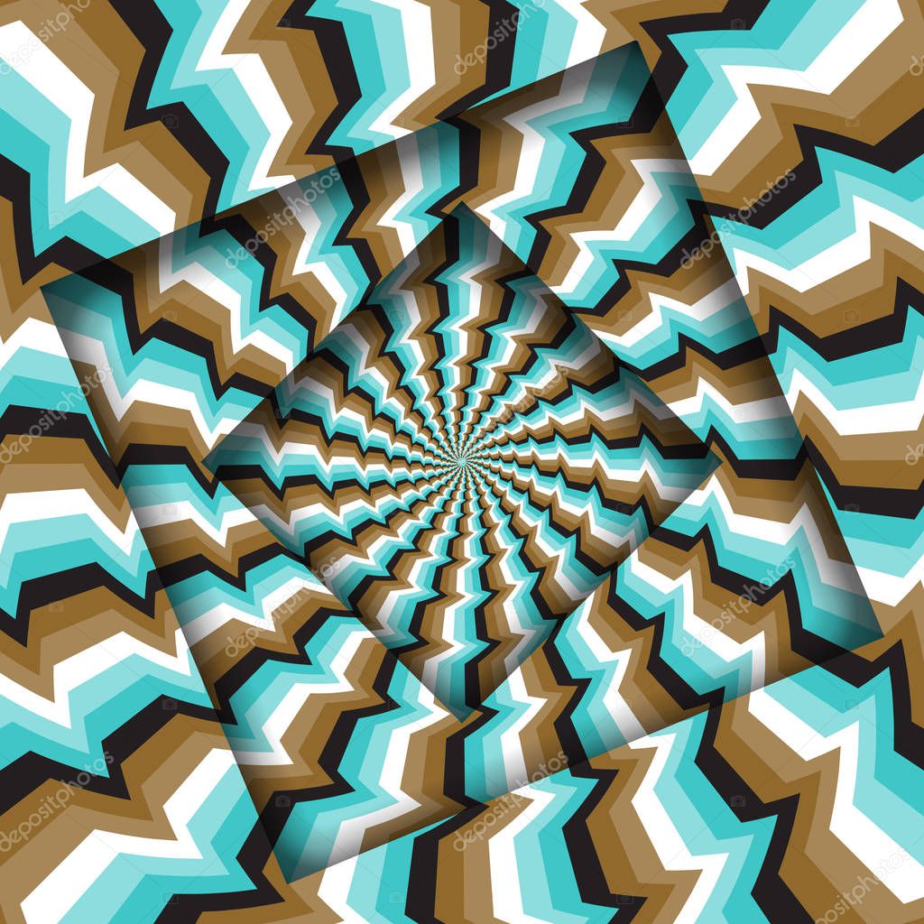 Abstract turned frames with a rotating brown blue glitch stripes pattern. Optical illusion background.