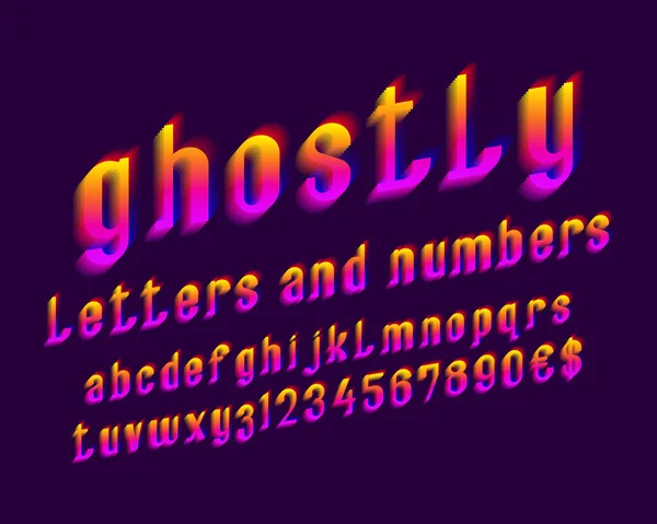 Spookachtige Letters Met Getallen Valuta Tekens Levendige Kleurovergang Lettertype Geïsoleerde — Stockvector