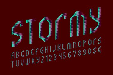 Sayı ve para birimi işaretleri fırtınalı harflerle. Mavi mor degrade yazı tipi. İzole İngilizce alfabe.