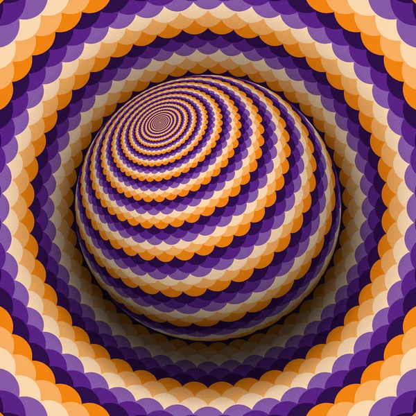 光学错觉催眠向量例证 紫色橙色波浪形图案球体在同一表面上翱翔 — 图库矢量图片