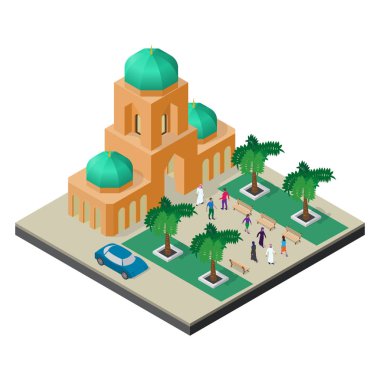 Cityscape izometrik görünümünde. Temple, ağaçlar, banklar, araba ve insanlar sokak.
