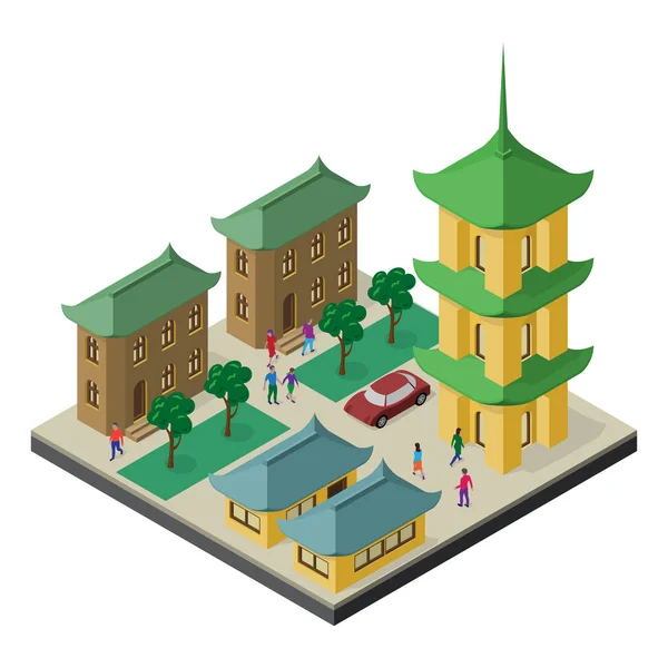 Isometric Cityscape East Asia Culture Pagoda Bangunan Pohon Mobil Dan - Stok Vektor